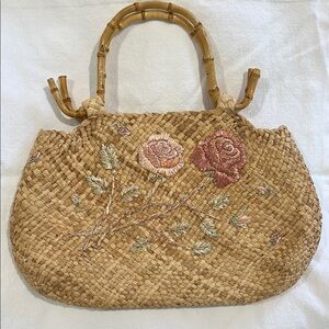 Vintage Floral Embroidered Straw Bag with Bamboo Handles